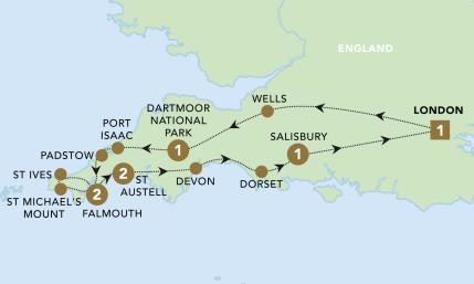 Map of Corners of Cornwall Tour with Back Roads Touring and Traveldream